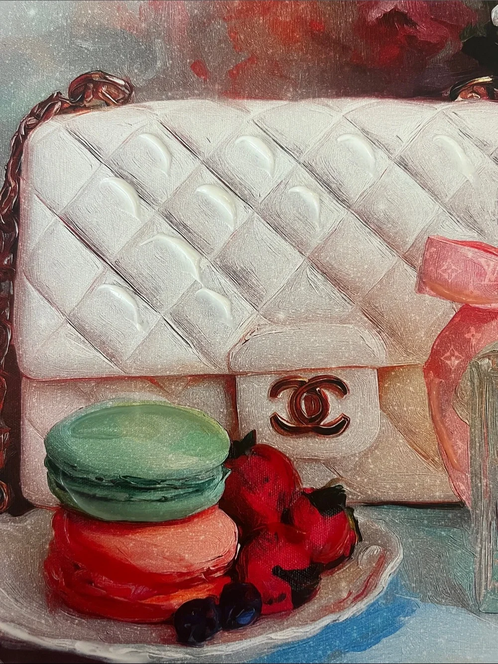 CHANEL White Quilted Handbag & Pastel Still Life Wall Art